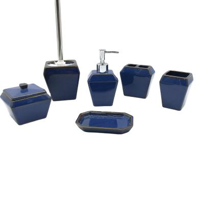 China Sustainable European Style Six-Piece Blue Ceramic Bath Accessories Bathroom Set for sale