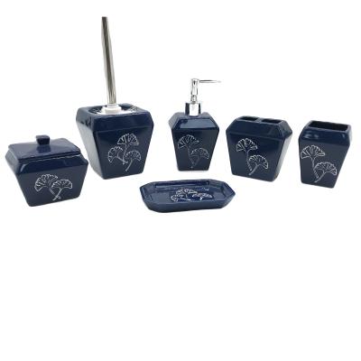 China Six-Piece Sustainable European Blue Decal Ceramic Style Bath Set Bathroom Accessories Set For Hotel for sale