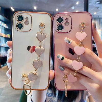 China Waterproof Soft Wristband Love Heart Phone Case For iPhone 11 12 13 Pro XS Max X XR 7 8 Plus Mini SE 2020 Plated Bumper Back Cover for sale