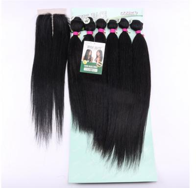 China Hot Sales Silky Straight Black Synthetic Blend Wave Animal Hair 6+1 In One Bundle Hair Extension For Woman for sale