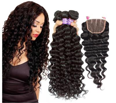 China Good Quality Silky Straight Wave Deep Wave Bundles With Lace Frontal Closure Peruvian Hair 3 Bundles With Lace Headband for sale