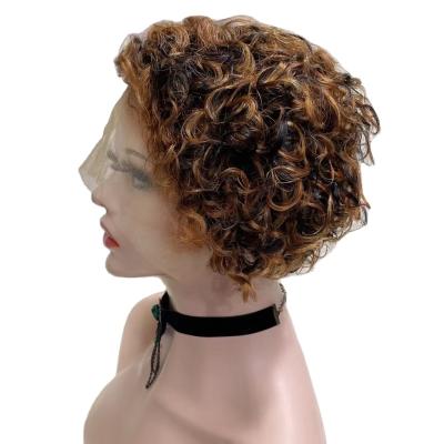 China Top Sale 10A Water Wave Virgin Short Bob Lace Frontal Pixie Curls Wig Brown Color H30 Lace Front Human Hair Wigs for sale