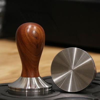 China Sustainable Threaded Solid Wooden Bottom Handle 304 Stainless Steel Coffee Powder Tamper for sale