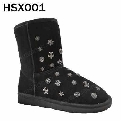 China ZK real warm insole, fashion rivet decoration black snow wool boots plus cashmere lady winter anti-cold boots HSX001 for sale