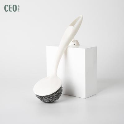 China Sustainable Kitchen Cleaning Ball Stainless Steel Wire Wool Scourer Brush With Handle for sale