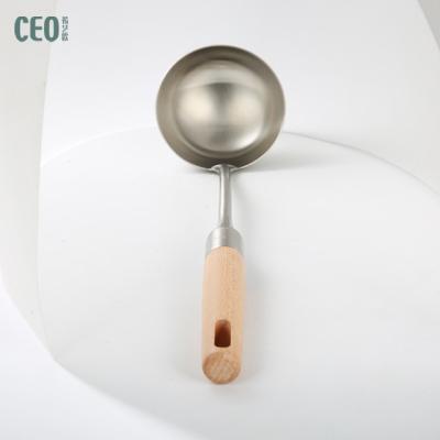 China Sustainable Stainless Steel Deep Soup Spoon Great For Hot Pot With Beech Wood Handle for sale