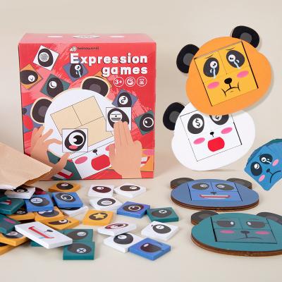 China Toy New Wooden Panda Cartoon Expression Stereoscopic Building Block Three Puzzle Children's Early Education Toys for sale