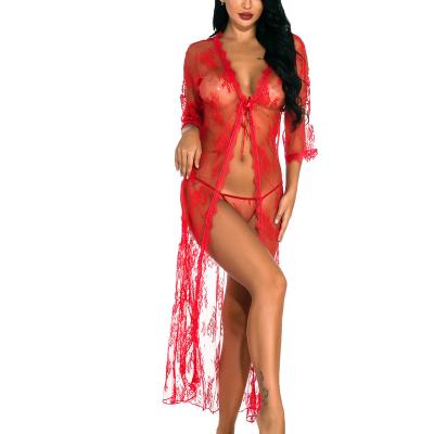 China Sexy lingere plus size women's sleepwear hot thong transparent bra long dress lace up women's clothing for sale