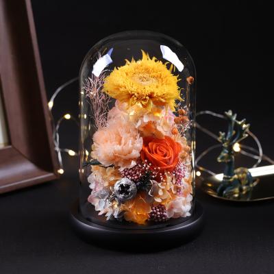 China 13*18cm Touch Natural Decorative Preserved Roses Sunflower in Glass Dome for Anniversary Birthday Celebration Valentine's Day Gift for sale