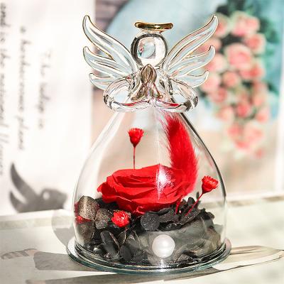 China Natural Angel of Touch with Preserved Rose in Glass Dome with Eternal Rose Decorative Everlasting Rose Flowers for Mother's Day Christmas Gifts for sale