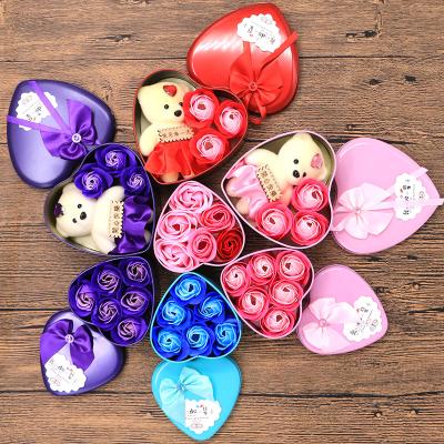 China Natural Touch Heart Shape Iron Box 9 Pcs Soap Roses Flower Artificial Flowers Metal Gift Box For 2021 Mother Valentines Day Gift for sale