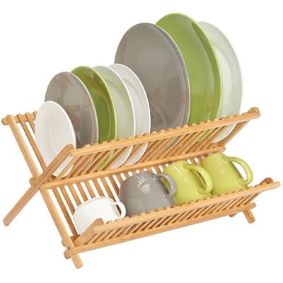 China Sustainable 100% Bamboo Kitchen Countertop Sink Dish Drying Rack Large Capacity Foldable Bamboo 2 Tiers Dish Draining Rack for sale