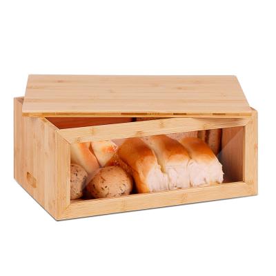 China Large Single Layer Sustainable Bread Box, Large Bread Box For Kitchen Countertop Bamboo Bread Food Storage Bin With Cutting Board for sale