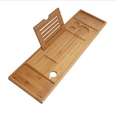 China Sustainable Premium Bamboo Bath Tray Expandable Bathtub Caddy with Reading Stand for sale