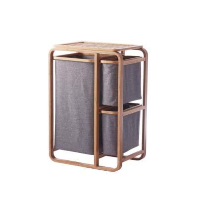 China Foldable Laundry Hamper with Removable Organizer Shelf Bamboo Frame Basket Oxford Cloth Bag Storage Rack for sale