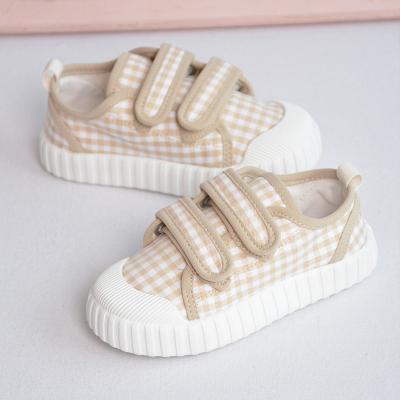 China Grid Pattern Double Flat Hook And Loop Children's Canvas Shoes Leisure Bottom Rubber Shoes for sale