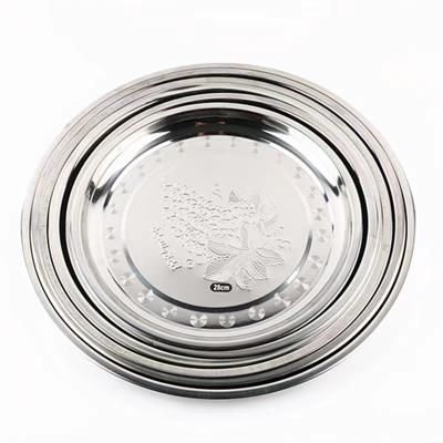 China Disposable Kitchen Tableware Home USE Round Stainless Steel Dinner Tray Dinner Plate With Pattern Serving Design for sale