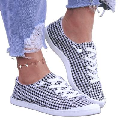 China New Fashion Trend Designer Women's Cotton Black And Art Plaid Fashion Print Casual Canvas Sneakers White Flat Shoes for sale