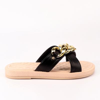 China Fashion Bow Sandals Latest Designs New Classic Sandals Fashion Flat Gold Chain Slippers For Women Slides Cork Sole Luxury Shoes Microfabric Sandals for sale