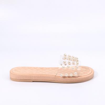 China Fashion Bow Sandals Latest Design Comfortable Sandals Flat Shape Lightweight Pearl Slippers For Women Slips Cork Sole Microfabric Slippers for sale