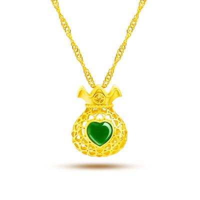 China CLASSIC Brass Gold Plated Cavity Lucky Bag Purse Green Heart Inlaid Gem Women's Gold Necklace Pendant for sale