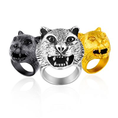 China JZ0023 Wholesale Hiphop Design Jewelry Stainless Steel Vintage Animal Silver Plated Engraved Leopard Tiger Head Punk Men Ring for sale