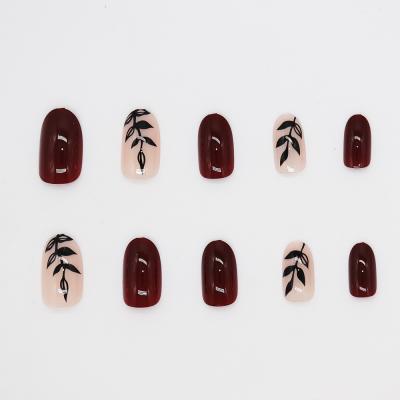 China Design Wine Red And White Leaves Nail Tips Pressed On Fake Nails Fake Nails DIY for sale