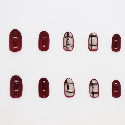 China Design Red Wine Grid False Nails Press On Nail Tips 24 Pcs / Set Artificial Nail for sale