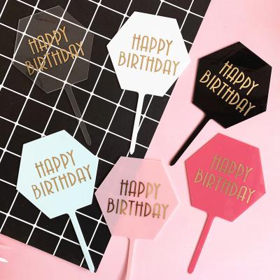 China Cake Accessory Gold Foiled 6 Colors Happy Birthday With Toppers Hexagon Cup Grand Prizes Acrylic Wedding Cake Topper for sale