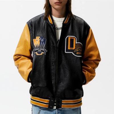 China Custom Color Block Embroidery Chenille QUICK DRY OEM Baseball Bomber Letterman Full Leather Varsity Jacket For Men for sale