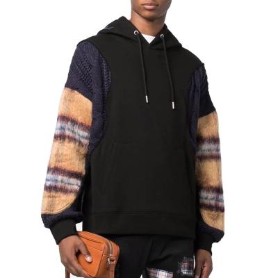 China Anti-wrinkle OEM fashion cotton drop shoulder custom tartan knitted panel pullover hoodie for men for sale