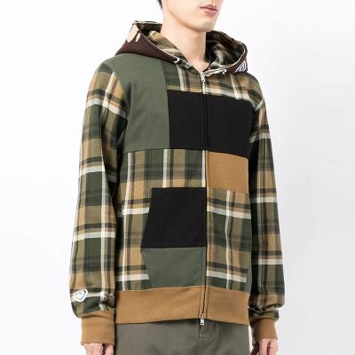 China Anti-wrinkle OEM custom 100% cotton hood zipper full patchwork print classic graphic check up plaid hoodie for men for sale