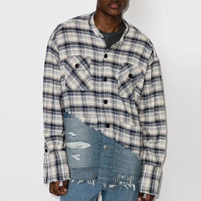 China Custom OEM Anti-pilling Collar Patchwork Denim High Quality 100% Classic Cotton Edge Screened Plaid Shirt For Men for sale