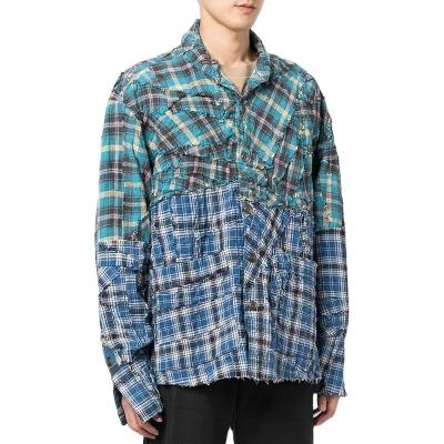 China OEM Custom High Quality Classic Patchwork Collar Two Tone Design Anti-pilling Tested Plaid Shirt For Men for sale