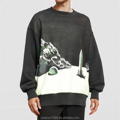 China Anti-wrinkle OEM custom logo printed long sleeves crew neck black 100% cotton pullover high quality sweatshirt for men for sale