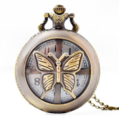 China Non-specific unisex quartz small MOQ alloy case accept antique gold butterfly design pocket watch for sale