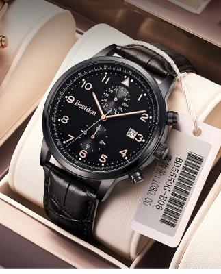 China Stylish Blue Glass Chronograph Watch Luxury Genuine Leather Number Watch With Two Time Zone For Men for sale