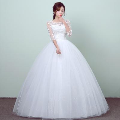 China Anti-wrinkle bridal dress Word off the shoulder white full sleeve lace flower floor length wedding dress for sale