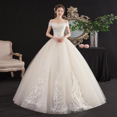 China Breathable Elegant Off Shoulder Wedding Dress 3D Embroidered Bridal Gown Puffy Short Sleeves Bride Dress for sale