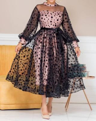 China Anti-wrinkle Polka Dot Skirt Plus Size Mesh Patchwork See-Through Full Sleeve Women Dress Dress for sale