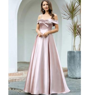 China Breathable Women Bridesmaid Off Shoulder Long Pleated Satin Ball Gown Ladies Evening Dresses for sale