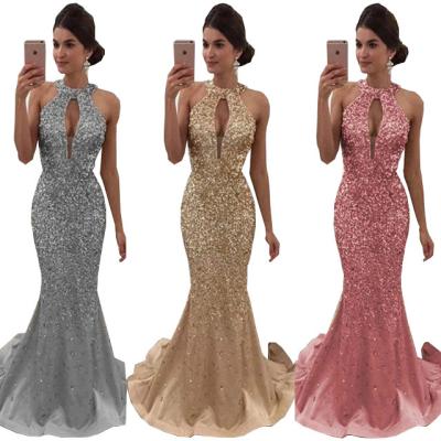 China Anti-Wrinkle Sequins Women Halter Backless Beaded Open Breasted Backless Wedding Formal Dresses for sale