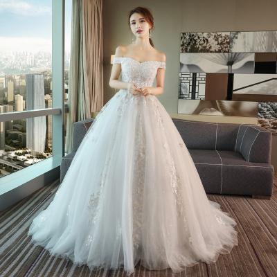 China Pure White Anti-Wrinkle 3D Flower Applique Beads Boat Neck Chest Ball Gown Wedding Dresses for sale