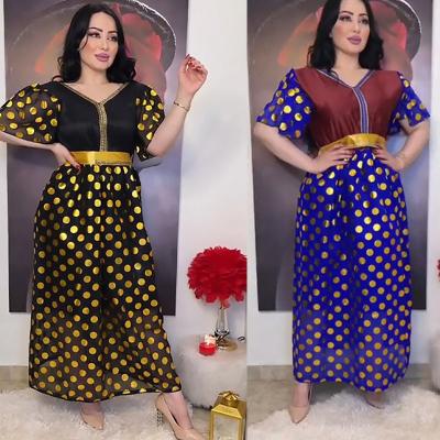 China Women Anti-Static Formal Dress Dubai Elegant Loose Waist Pullover Plus Size Gold Polka Dot Muslim Middle East Print Dresses Long Dress for sale