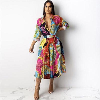 China Colorful Anti-wrinkle Boho Africa Turn-Down Collar Pleated V-Neck Sashes Women Office Career Shirt Dresses for sale