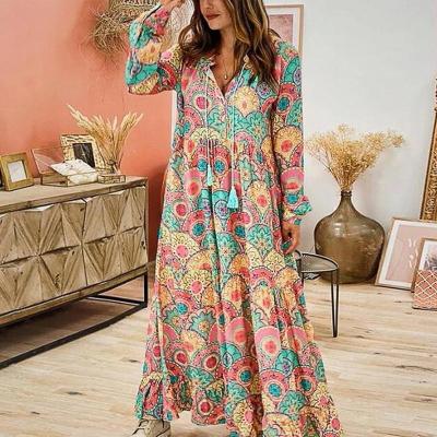 China Bohemia Loose Beach Anti-wrinkle Spring And Autumn Colorful Printing Long Sleeves Elegant Skirt Tassel Dresses For Women for sale