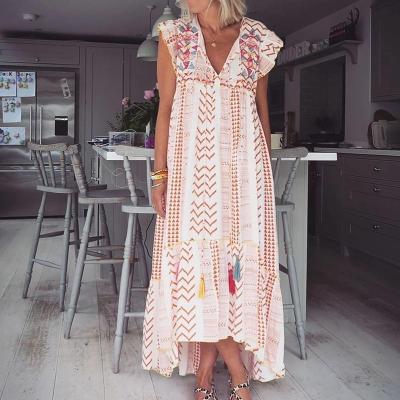 China Anti-wrinkle Fashion Summer Print V-Neckline Lotus Short Sleeves Ruffle Tassel Midi Cotton Ladies Dresses for sale