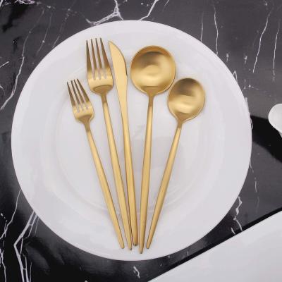 China Sustainable gold plated hotel flatware, stainless steel cutlery sets--knife spoon fork and tea spoon for sale