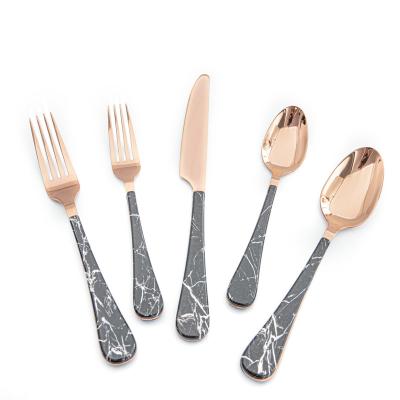 China China Viable Manufacturer Wooden Color Wholesale Plastic Flat Handle and Marble Dinnerware Set Home and Restaurant Cutlery Set for sale