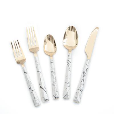 China Viable Silver Black Gold Plated Packaging Stainless Steel Plastic Marble Wood Handle Customized Cutlery Set Manufacturers for sale